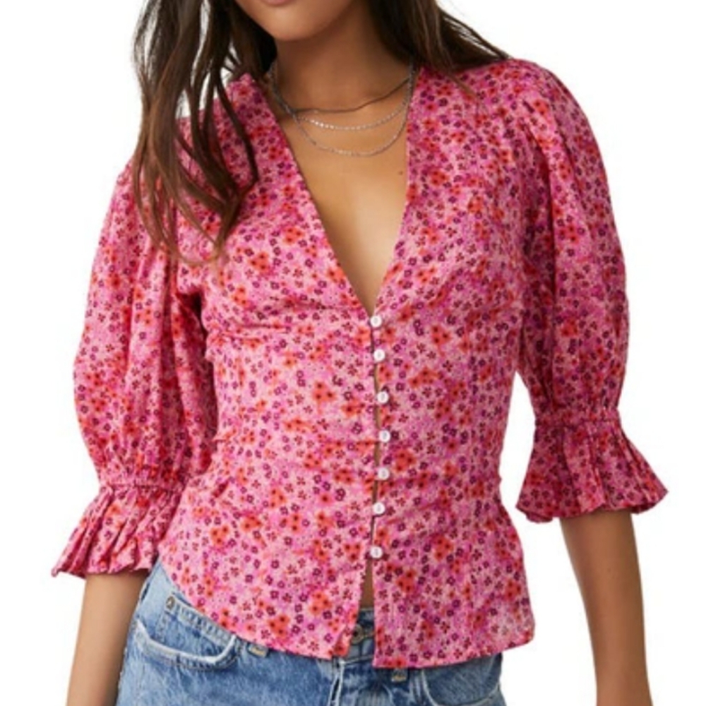 Free People Pink Floral Blouse with Button Detail - Picture 3 of 10